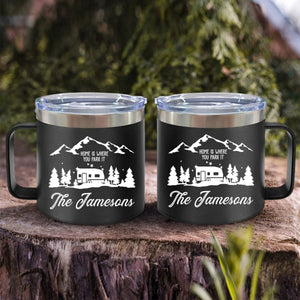 Happy Campers - Gift For Camping Lovers - Personalized 14oz Stainless Steel Tumbler With Handle