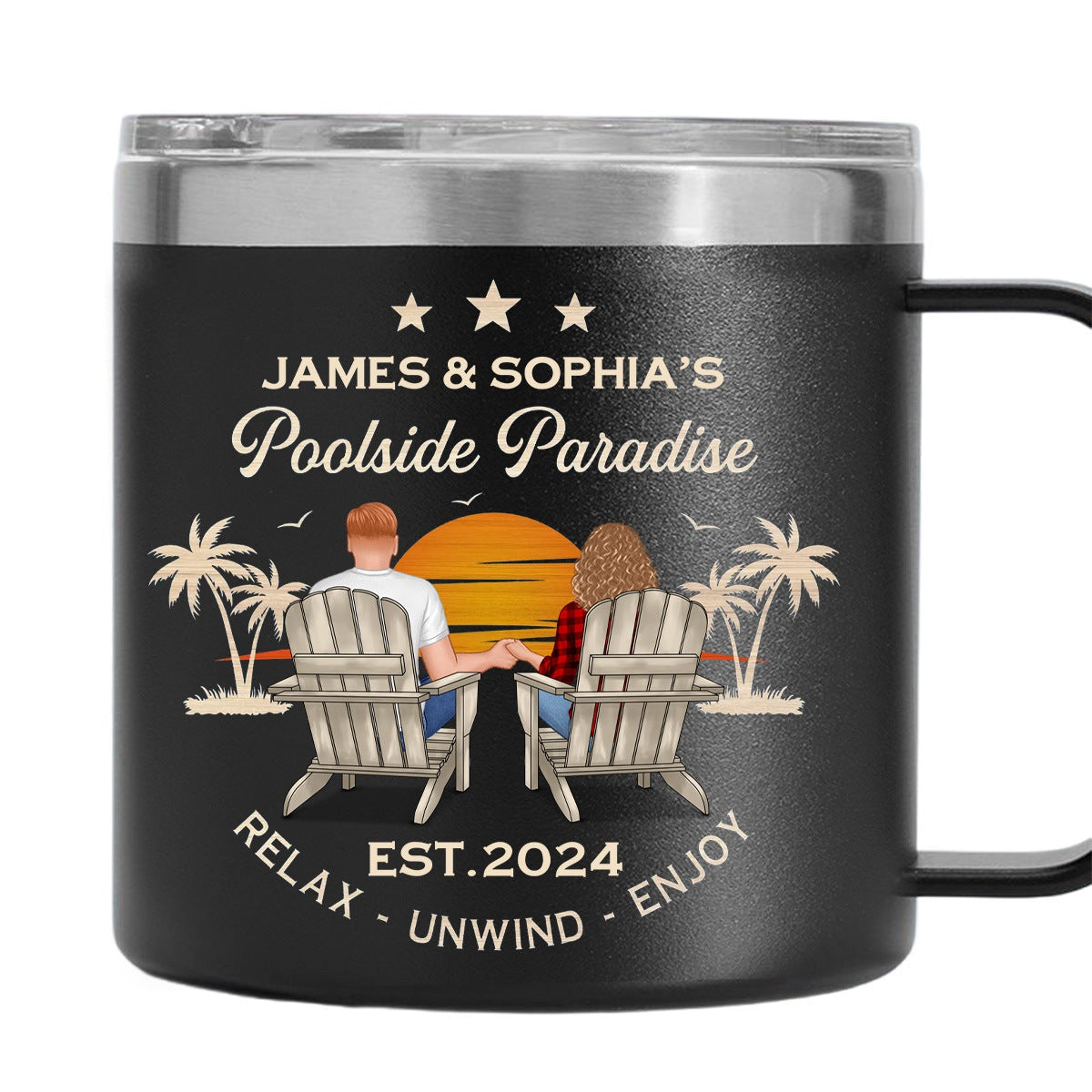 Sunset Couple Sitting Personalized 14oz Stainless Steel Tumbler With Handle