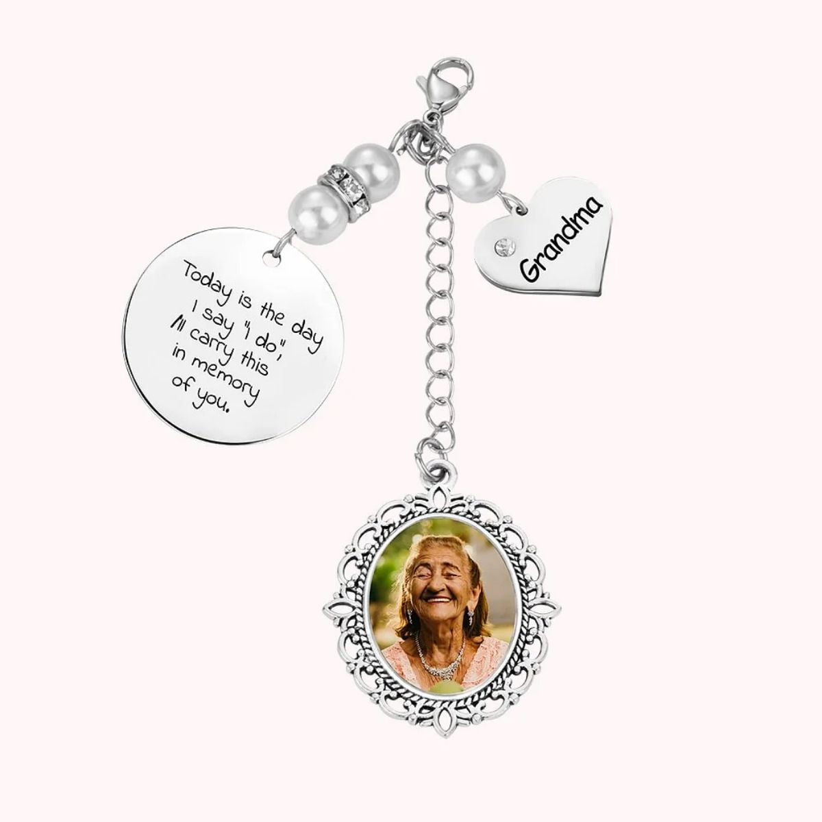 Personalized Lace Oval Photo Bouquet Charm Memorial Wedding Gift for Bride