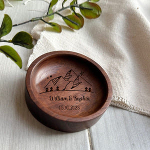 Personalized Round Wood Ring Dish, Engagement Ring Holder, Wedding Ring Dish