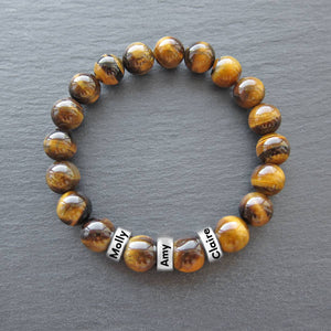 Personalized Tiger's Eye Stone Bead Bracelet for Family,Custom 1-8 Name