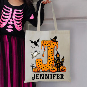 Personalized Halloween Trick Or Treat Candy Monogram Canvas Tote Bag For Kids