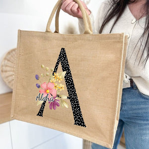 Personalized Alphabet Letter Floral Monogram Name Jute Tote Bag