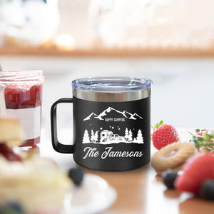 Happy Campers - Gift For Camping Lovers - Personalized 14oz Stainless Steel Tumbler With Handle