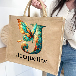 Personalized Coral Magnificent Butterfly Letter Name Jute Tote Bag