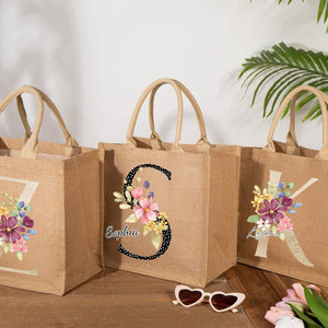 Personalized Alphabet Letter Floral Monogram Name Jute Tote Bag