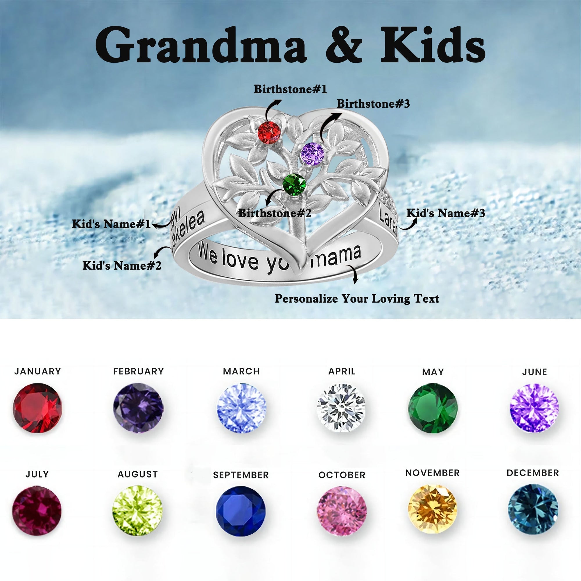 Personalized Family Tree Heart Ring Gift for Grandma