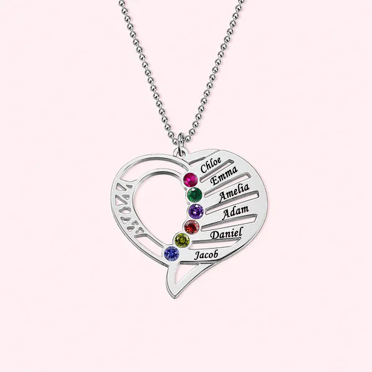 Personalized Heart Shape Family Birthstone Necklace