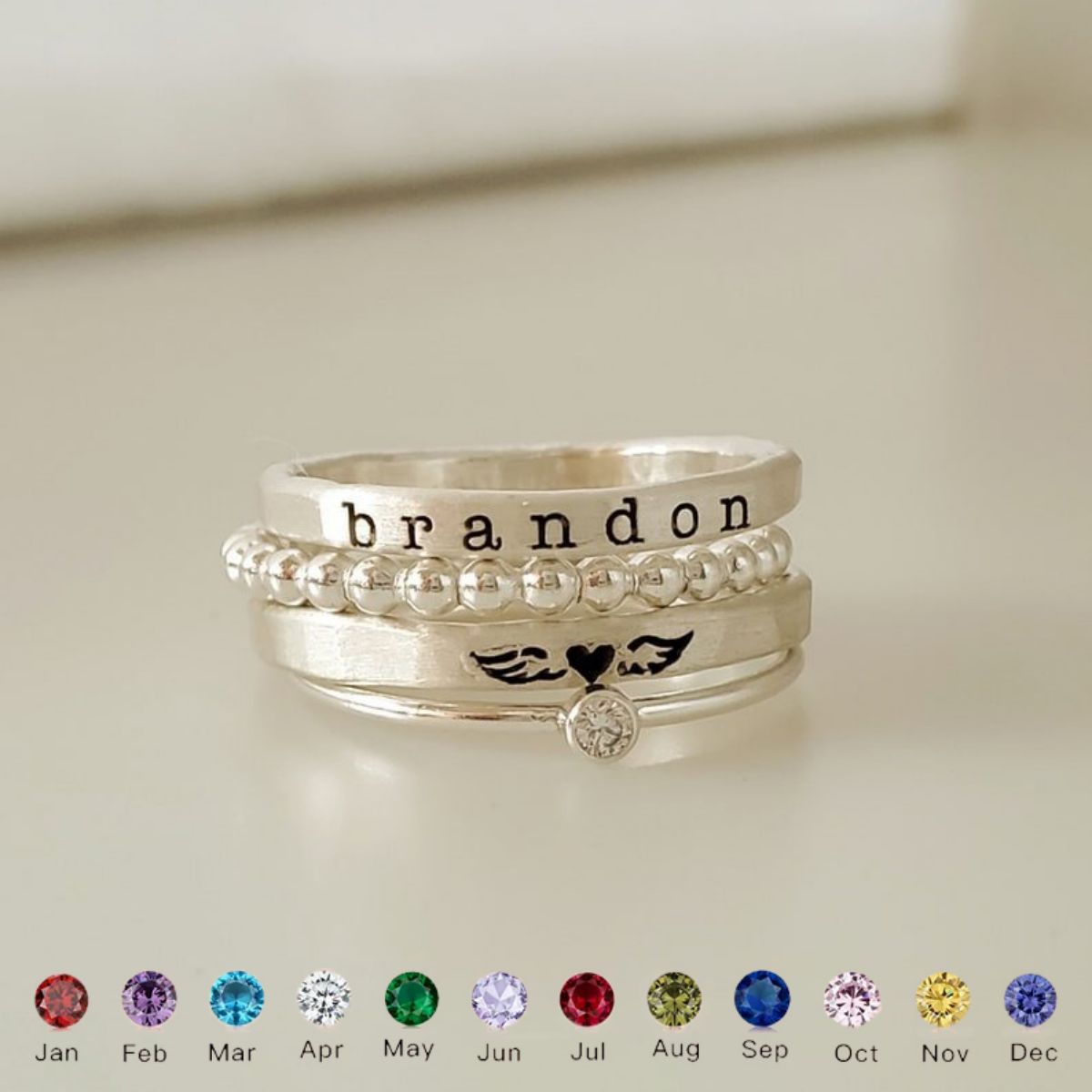 For Memorial - Angel Wing Personalized Birthstone Name Stacked Ring - 4 Rings Set