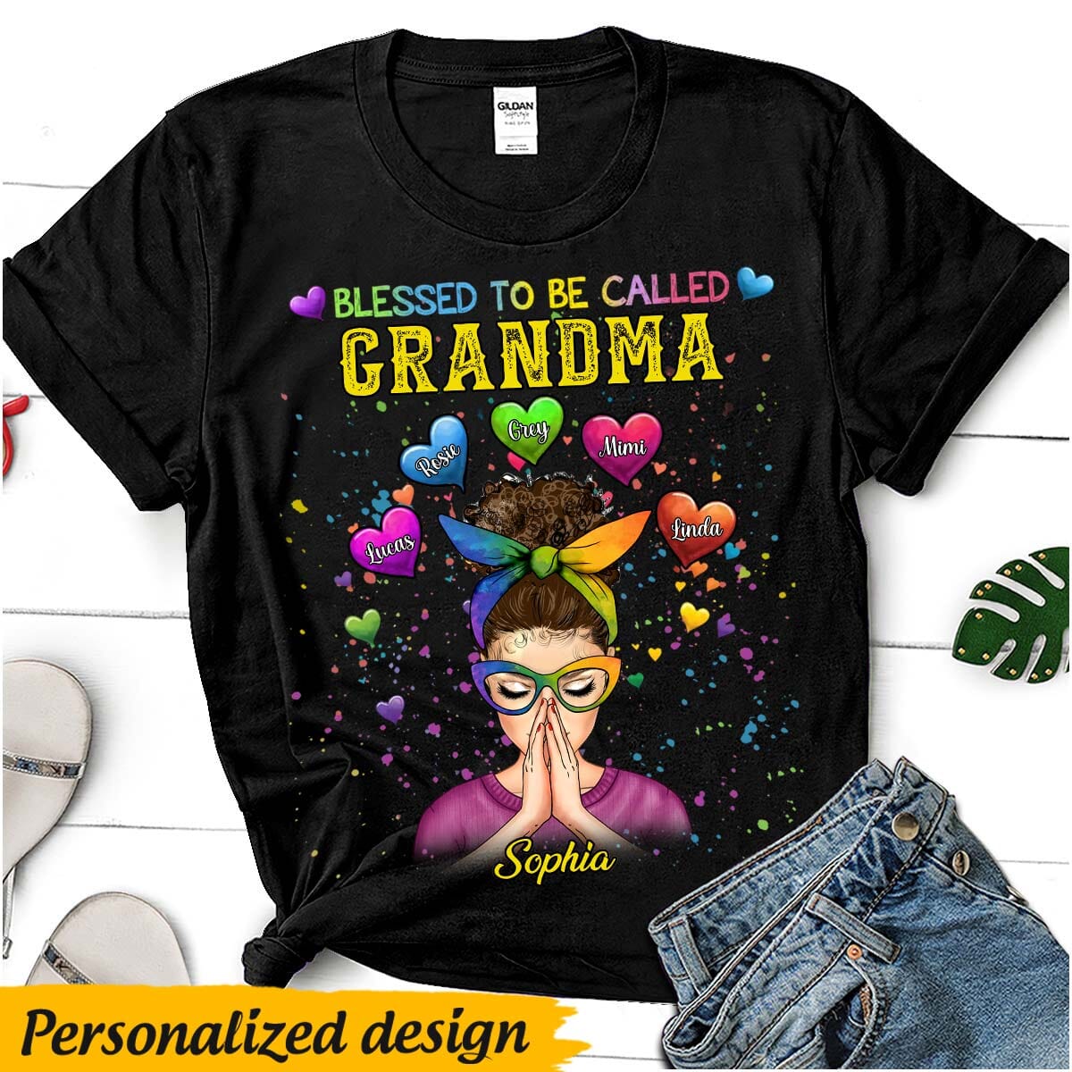 Blessed to be call grandma Praying Girl Colorful Heart Personalized Black T-shirt