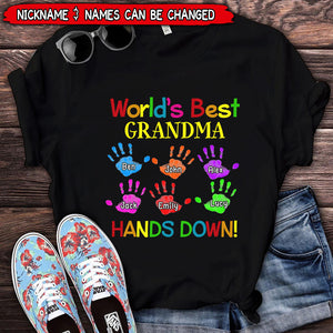 Colorful Handprint Kids World's Best Grandma Mom Hands Down Personalized T-Shirt