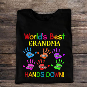 Colorful Handprint Kids World's Best Grandma Mom Hands Down Personalized T-Shirt