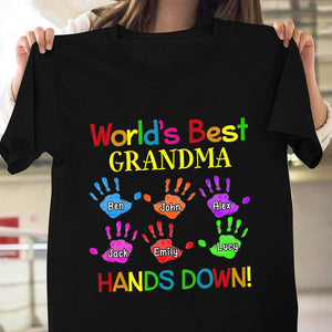 Colorful Handprint Kids World's Best Grandma Mom Hands Down Personalized T-Shirt