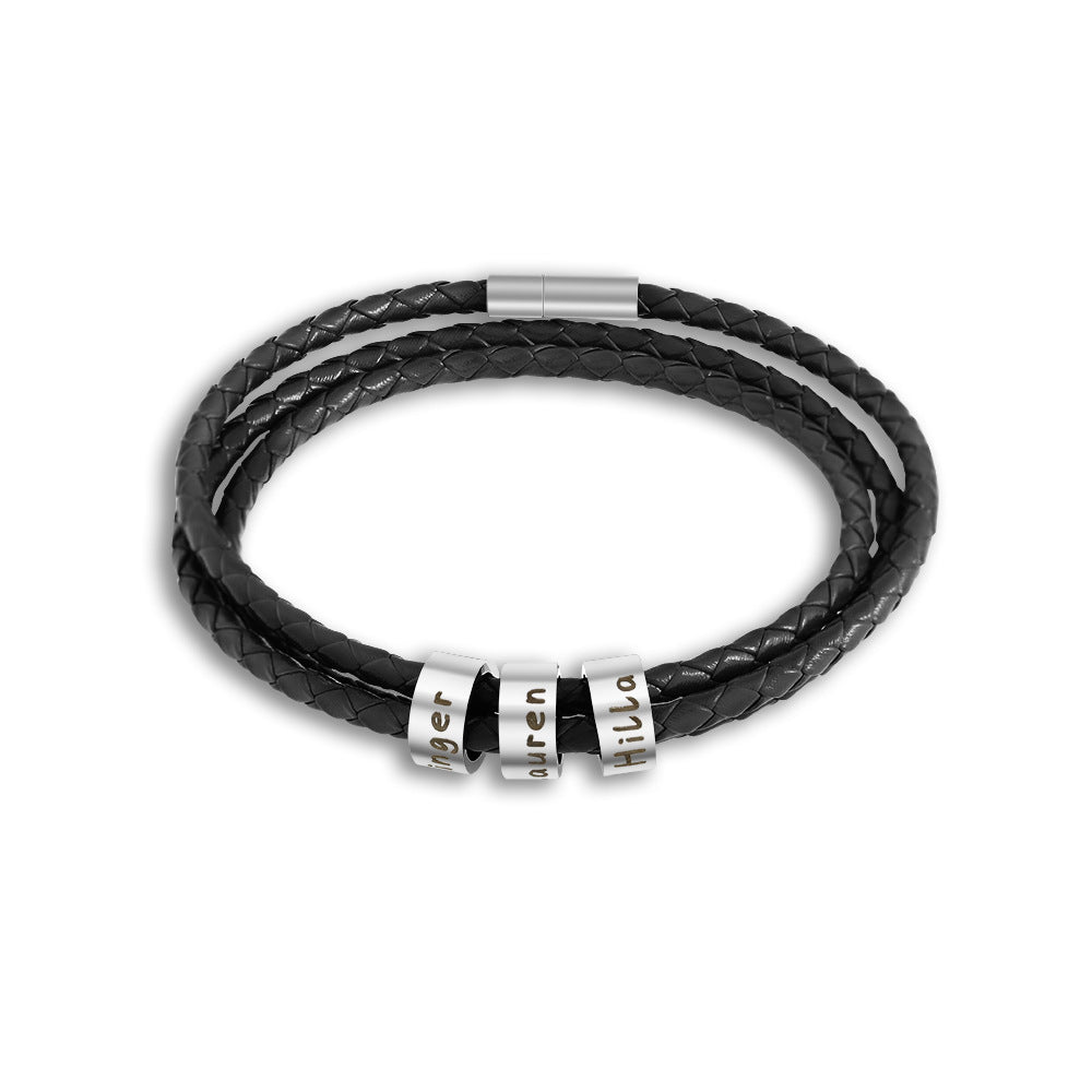 Personalized Men Braided Leather Bracelet with Small Custom Beads