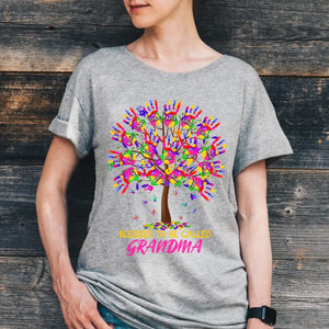 Personalized Colorful Hand Print Tree Blessed to Be Called Grandma Kid Name T-shirt