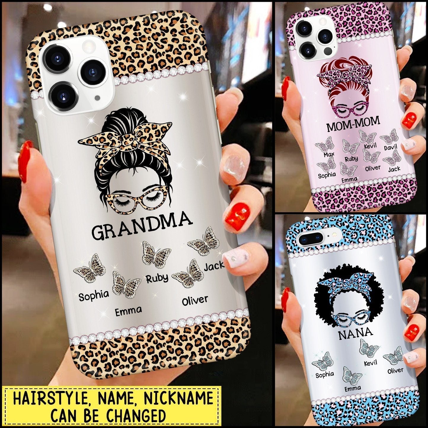 Personalized Leopard Messy Bun Grandma with Butterfly Grandkids Glass Phone case