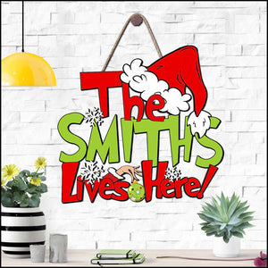 The Family Lives Here Christmas Personalized Wooden Door Hanger