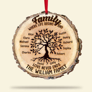 Where Life Begins And Love Never Ends, Personalized Family Tree Wood Ornament