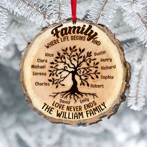 Where Life Begins And Love Never Ends, Personalized Family Tree Wood Ornament