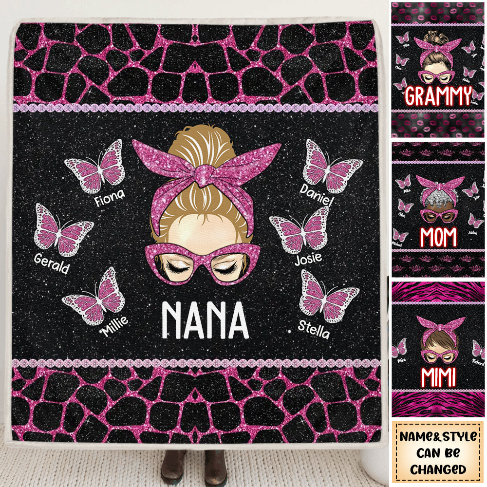 Personalized Grandma Butterflies with Kid Name Quilt Blanket Printed