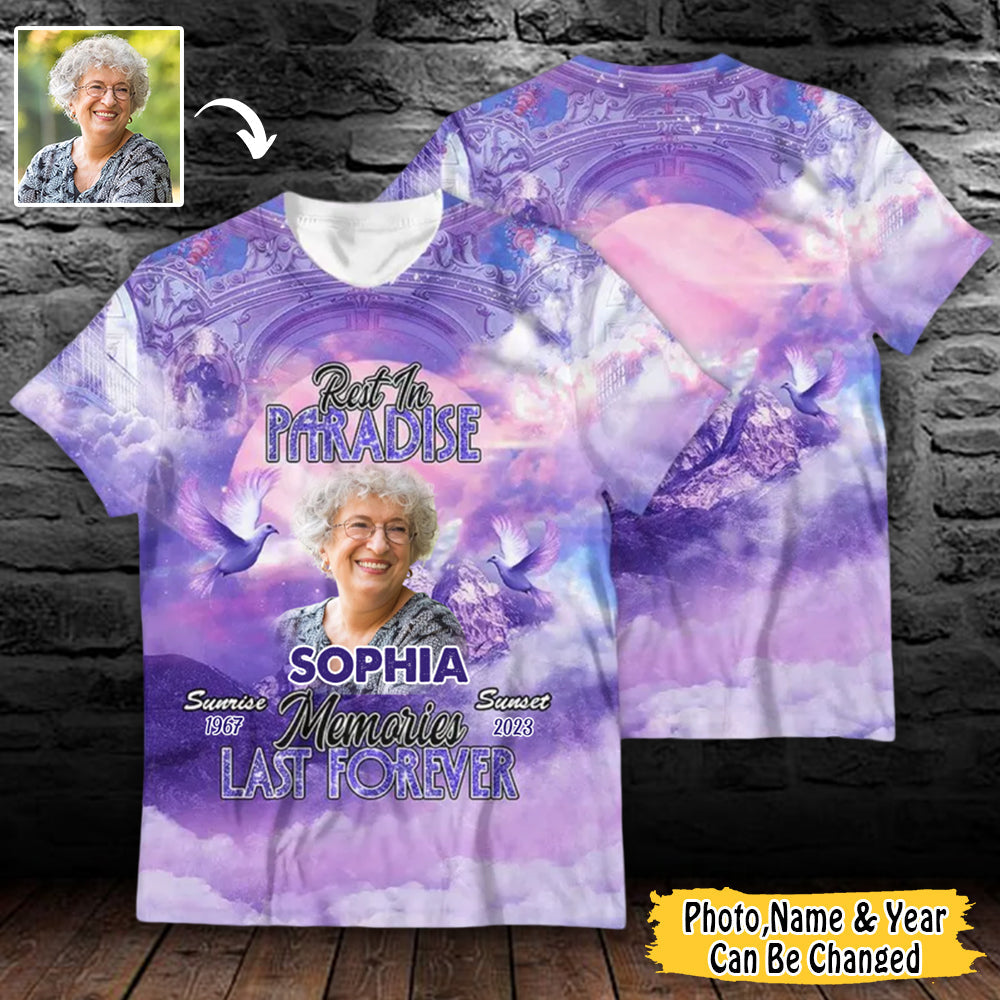 Personalized Memorial Shirt Heaven Jesus Blue Rest In Paradise Memories Last Forever 3D T-Shirt