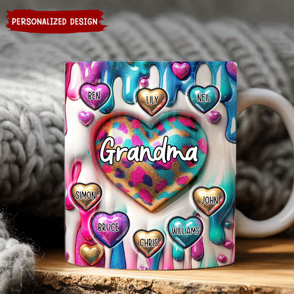 Personalized Coloful Sweet Heart Dripping Background Mug Gift For Grandma, Mom