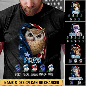 Personalized Owl Grandma Grandpa Kid Independence Day T-shirt