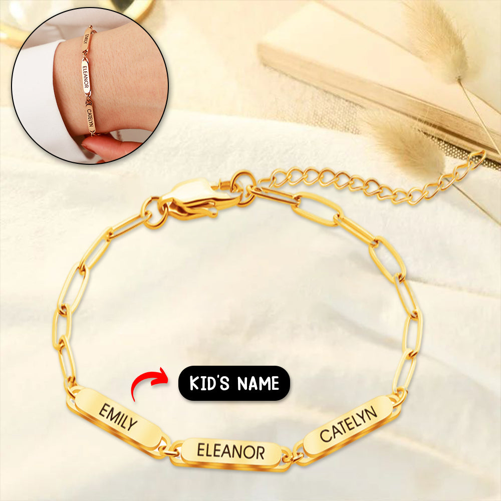 Personalized Family Name Bar Bracelet Engraved Charm with a Dainty Paperclip Chain