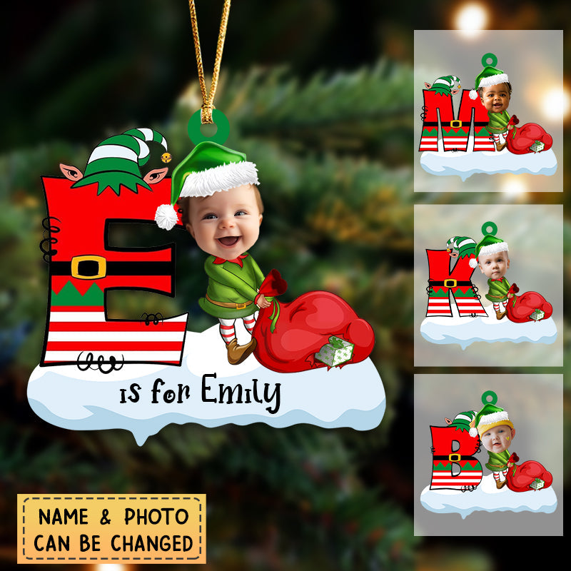 Personalized Monogram Alphabet Kid Photo Elf Christmas Ornament