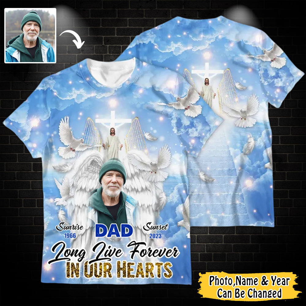 Personalized Memorial Shirt Heaven Gate Dove Jesus Blue Long Live Forever In Our Hearts 3D T-Shirt