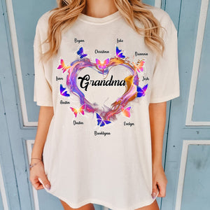 Grandma Mom Colorful Heart Butterflies Personalized Pure Cotton T-shirt