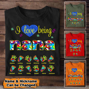 Personalized I Love Being Nana Grandma Title Hand Foot Kid Name T-Shirt