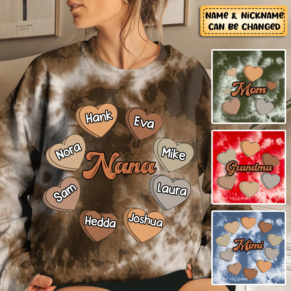 Cute Vintage Color Heart Grandma Nana Grandkids Personalized Tie-Dye Sweatshirt