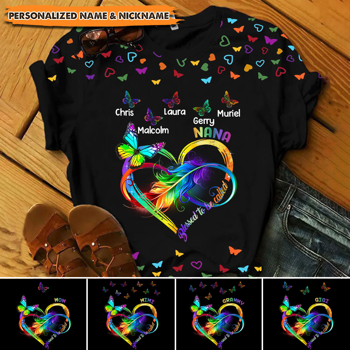 Personalized Blessed To Be Called Grandma Rainbow Heart Butterfly T-shirt