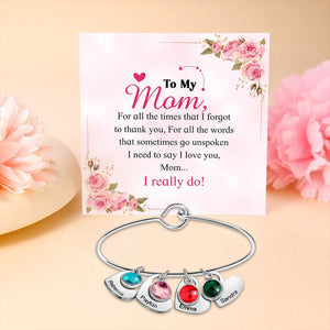 Personalized Name & Birthstone Family Bangle Heart Bracelet - For Mom/Grandma