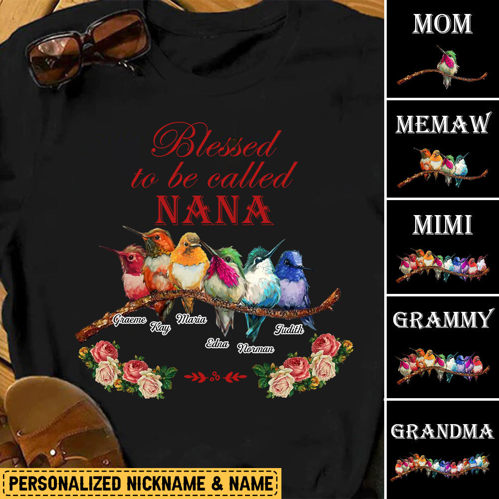 Personalized Blessed To Be Called Grandma/Mom Kids Flower Bird T-Shirt