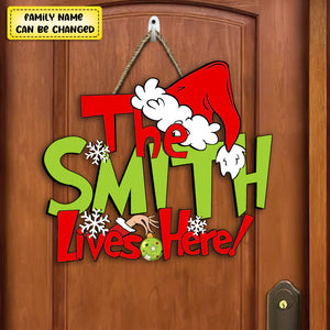 The Family Lives Here Christmas Personalized Wooden Door Hanger