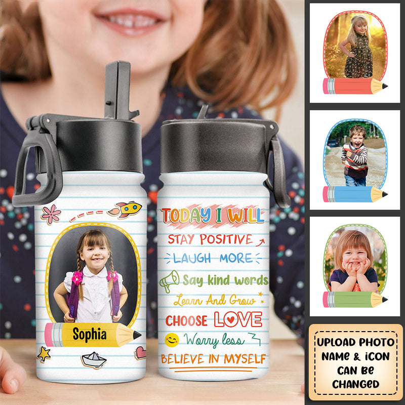 Personalized Back To School Affirmation Kids Water Bottle With Straw Lid