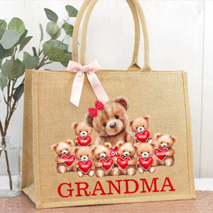 Personalized Grandma Bear With Cute Little Bear Kids Jute Tote Bag