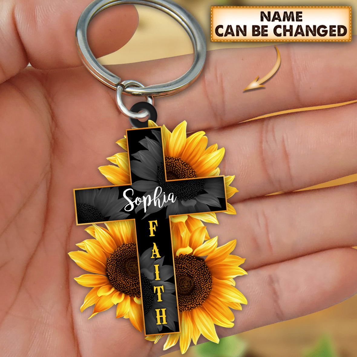 Personalized Faith Sunflower Cross Keychain