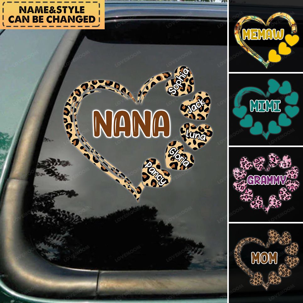 Personalized Grandma/Mom Heart Leopard Sparkle Decal