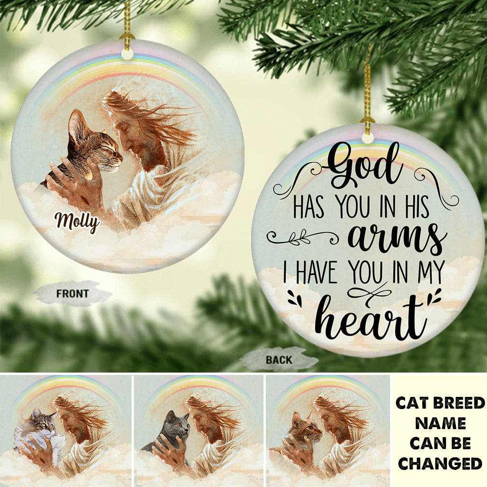 Personalized God Has You In His Arms Cat Lover Circle Ornament