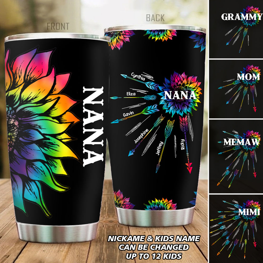 Personalized Grandma with Kid Name Tie Dye Sunflower Tumbler