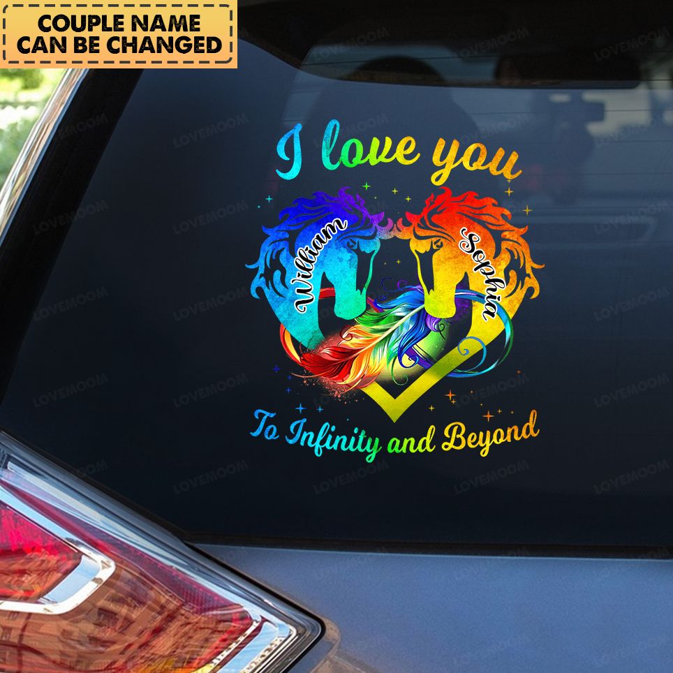 Personalized Horse Couple Love You To Infinity & Beyond Rainbow Heart Gift Decal