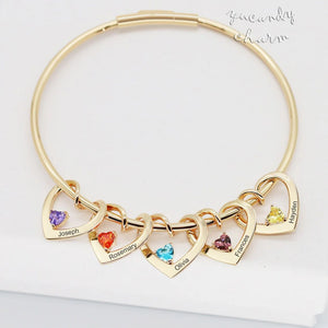 Cunstom Name&Birthstone Family Bangle Bracelet with Heart Shape Pendants