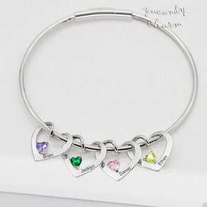 Cunstom Name&Birthstone Family Bangle Bracelet with Heart Shape Pendants