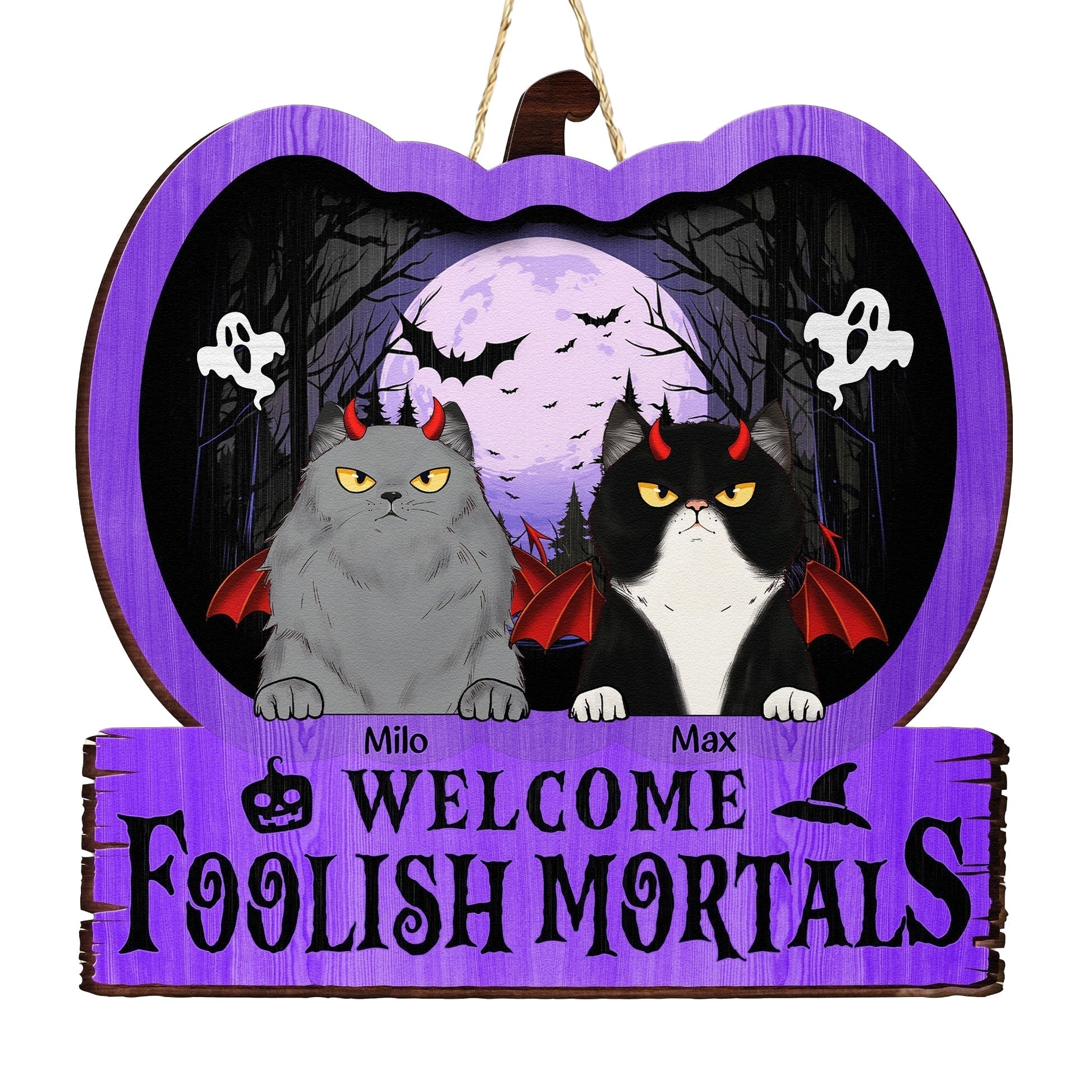 Welcome Foolish Mortals - Personalized Halloween Cat Wood Sign