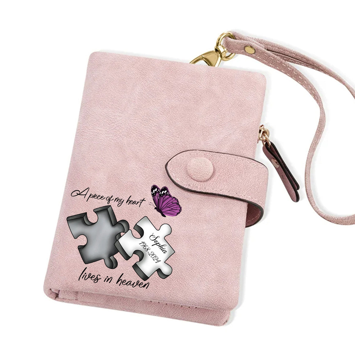 Personalized Memorial Butterfly Leather Wallet - A Piece Of My Heart Lives In Heaven