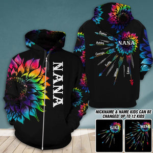 Personalized Grandma with Kid Name Tie Dye Sunflower Zipper Hoodie