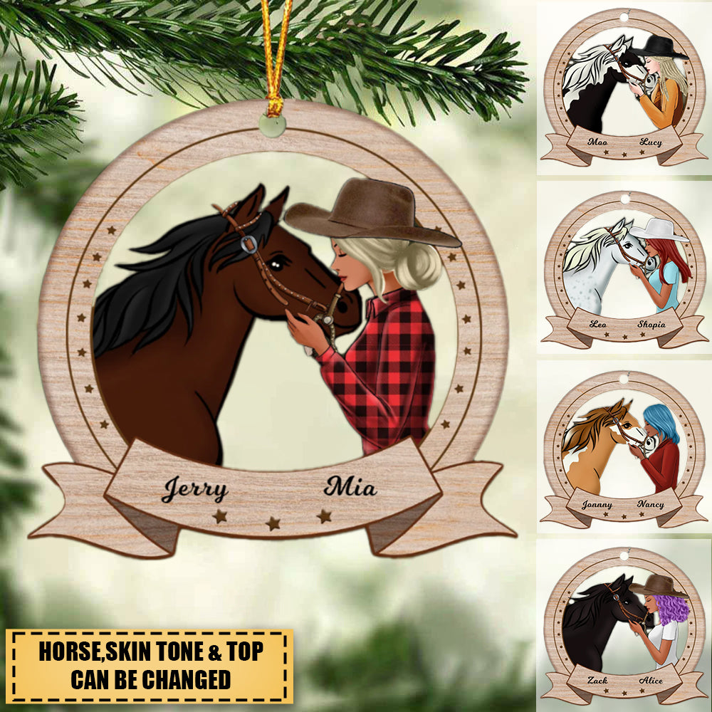 Girl Loves Her Horse Horseshoe Shape Personalized Wooden Ornament